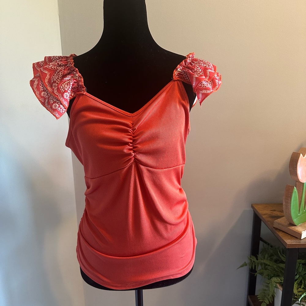 SHEIN Orange Ruched Tank with Patterned Ruffle